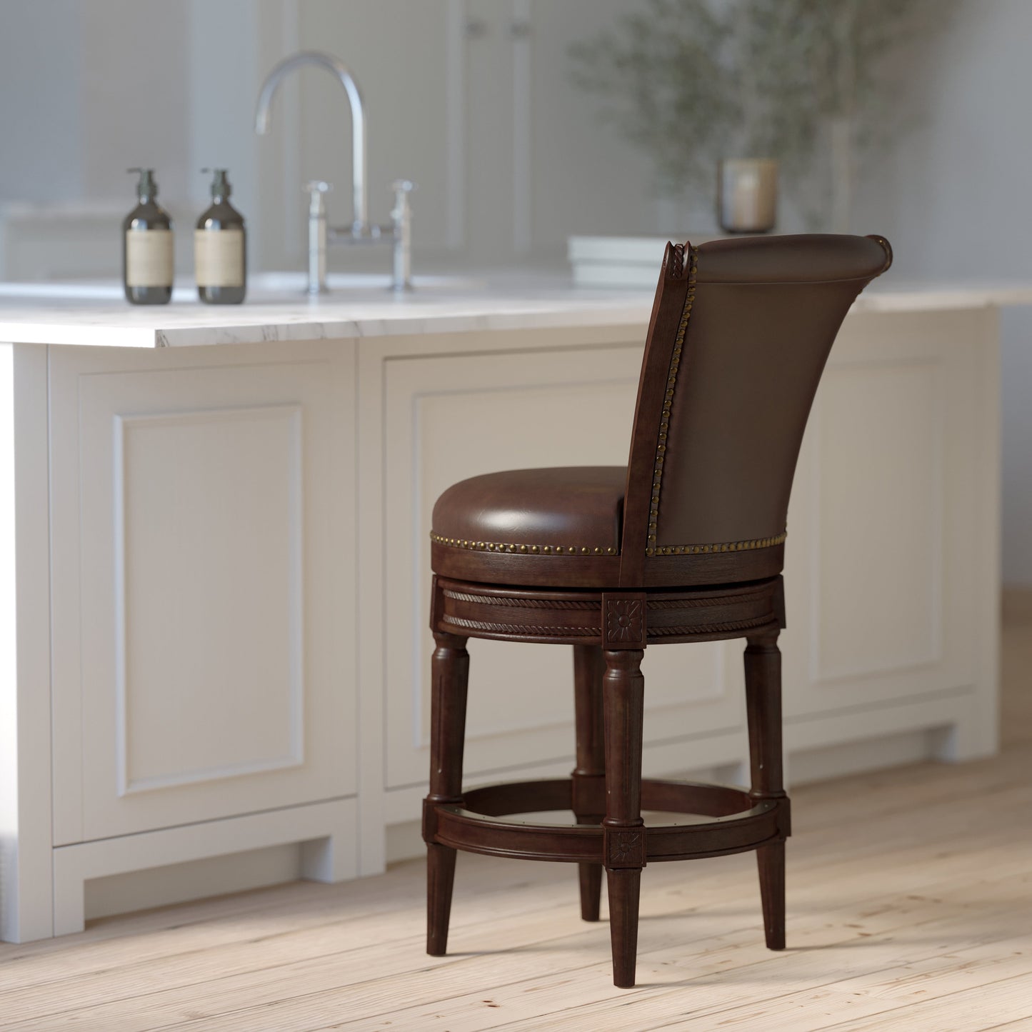 Charlotte Swivel Barstool in Distressed Walnut with plush brown seat and nail-head trim, showcasing elegant design.