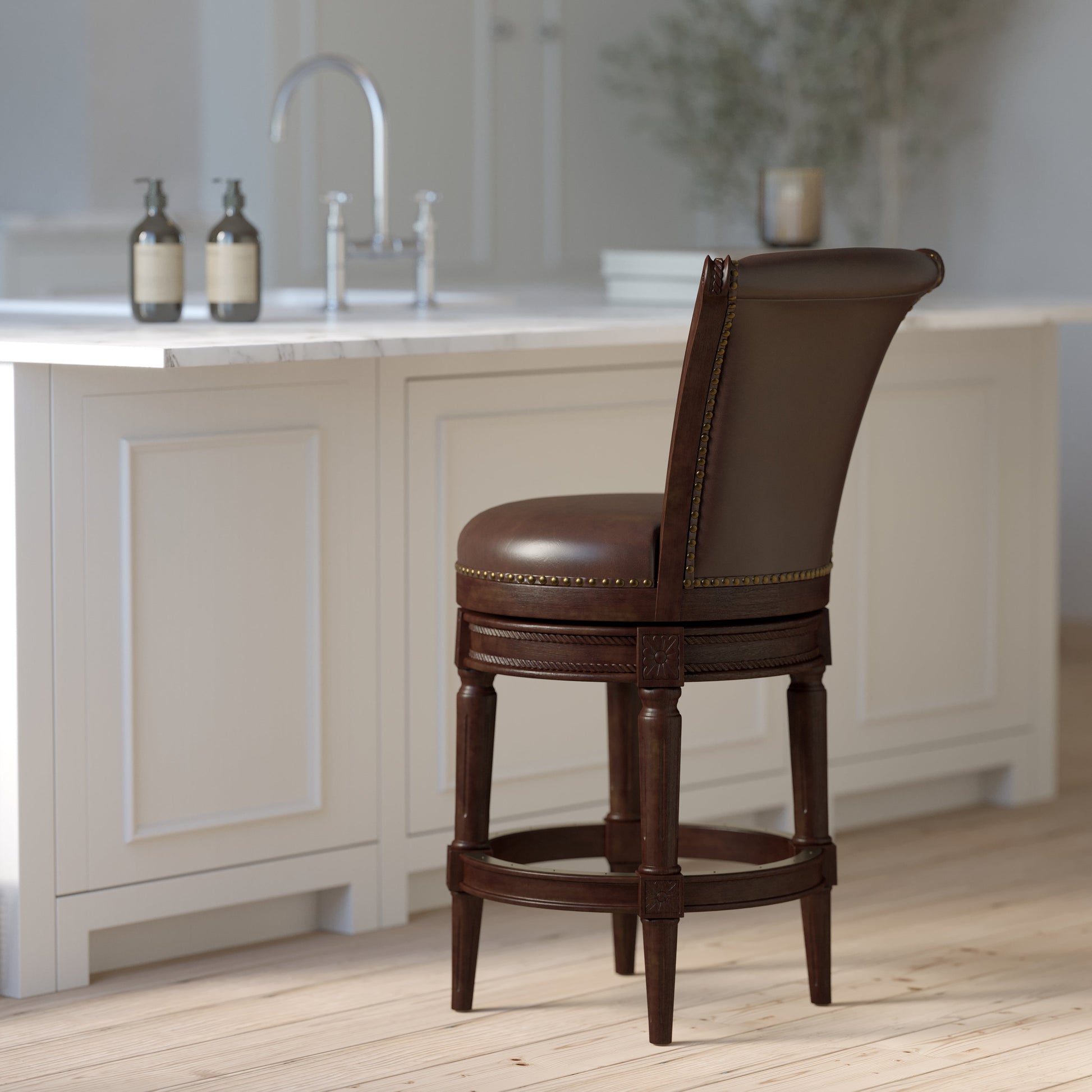 Charlotte Swivel Barstool in Distressed Walnut with plush brown seat and nail-head trim, showcasing elegant design.
