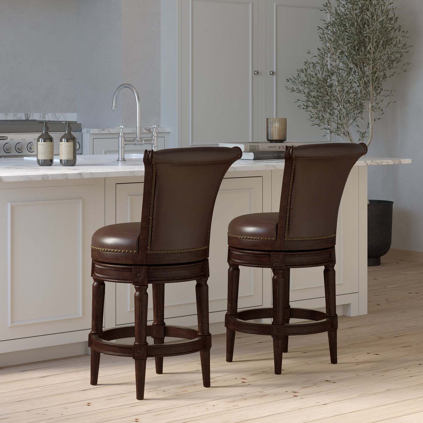Charlotte Swivel Barstool in Distressed Walnut displayed in a modern kitchen with a marble countertop.