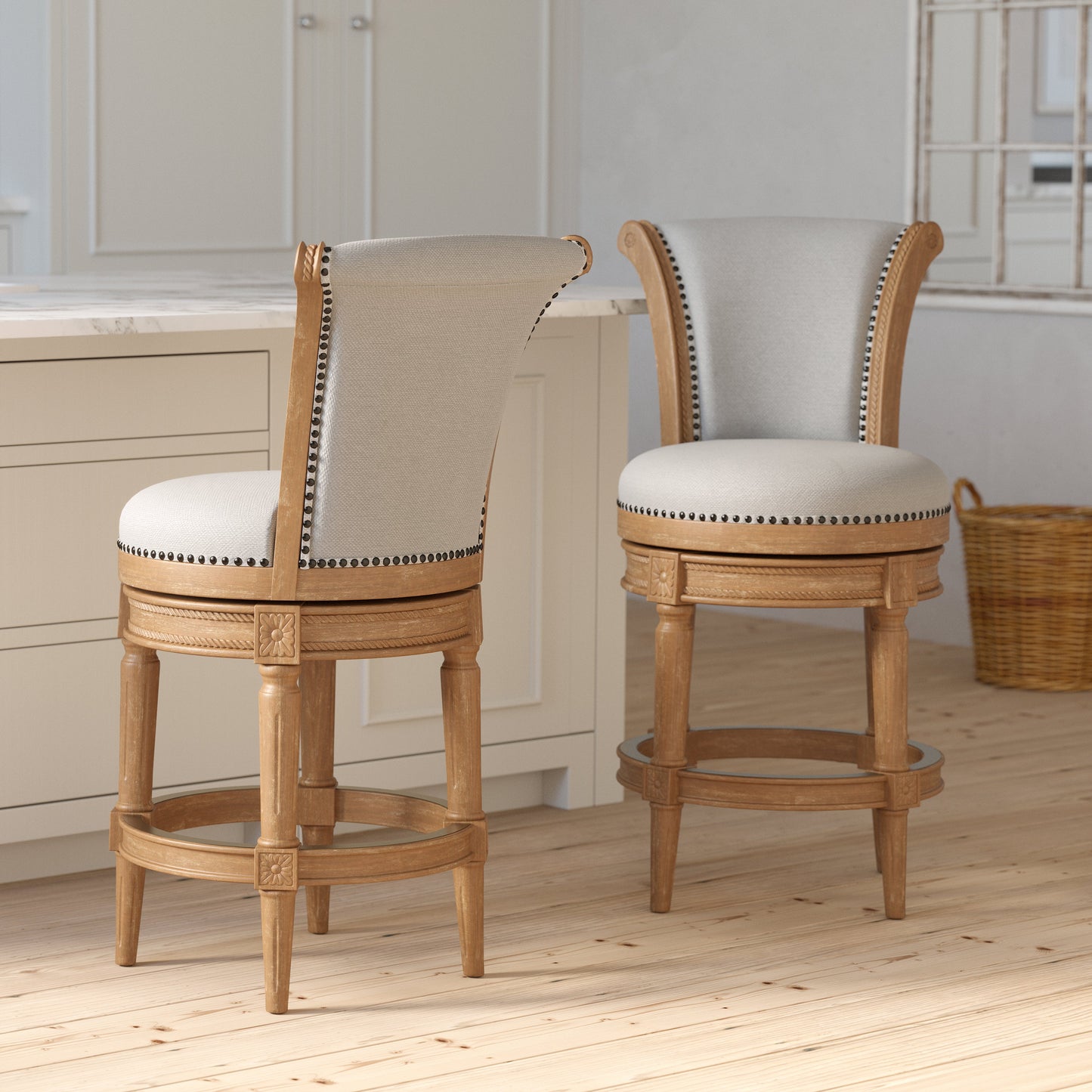 Charlotte Swivel Barstool in Weathered Oak with plush seats and hand-crafted turned legs in a kitchen setting.