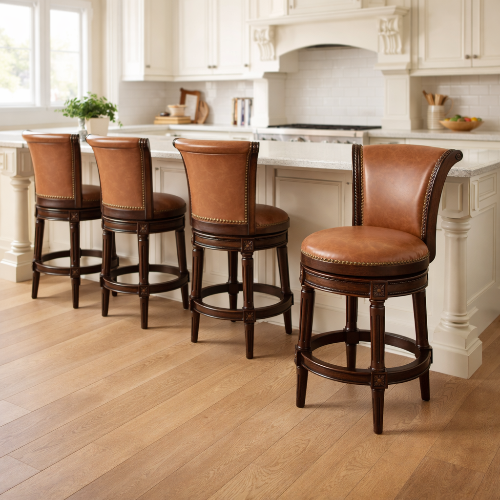 Charlotte Swivel Barstool in Caramel at a kitchen island, featuring four elegant stools with leather upholstery.