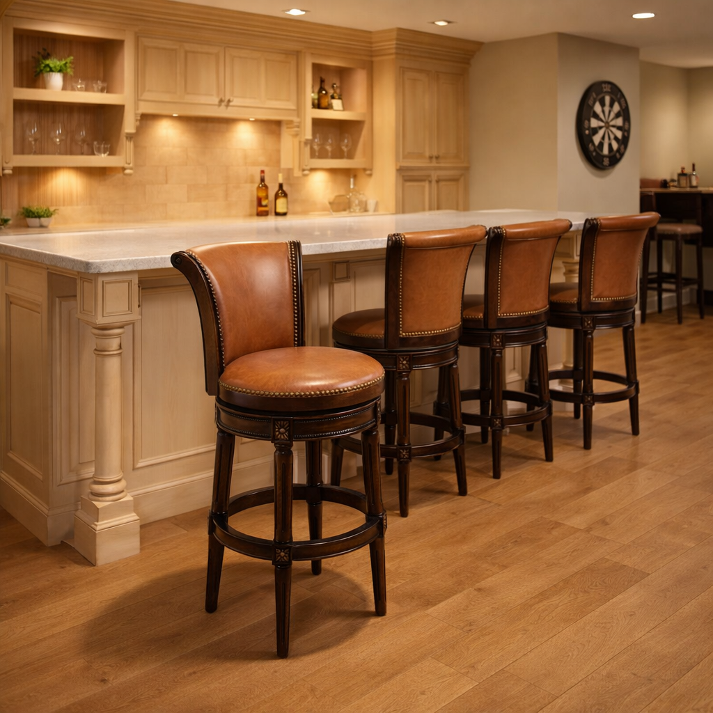 Charlotte Swivel Barstool in Caramel placed at a stylish home bar with wooden flooring and light-colored cabinetry.