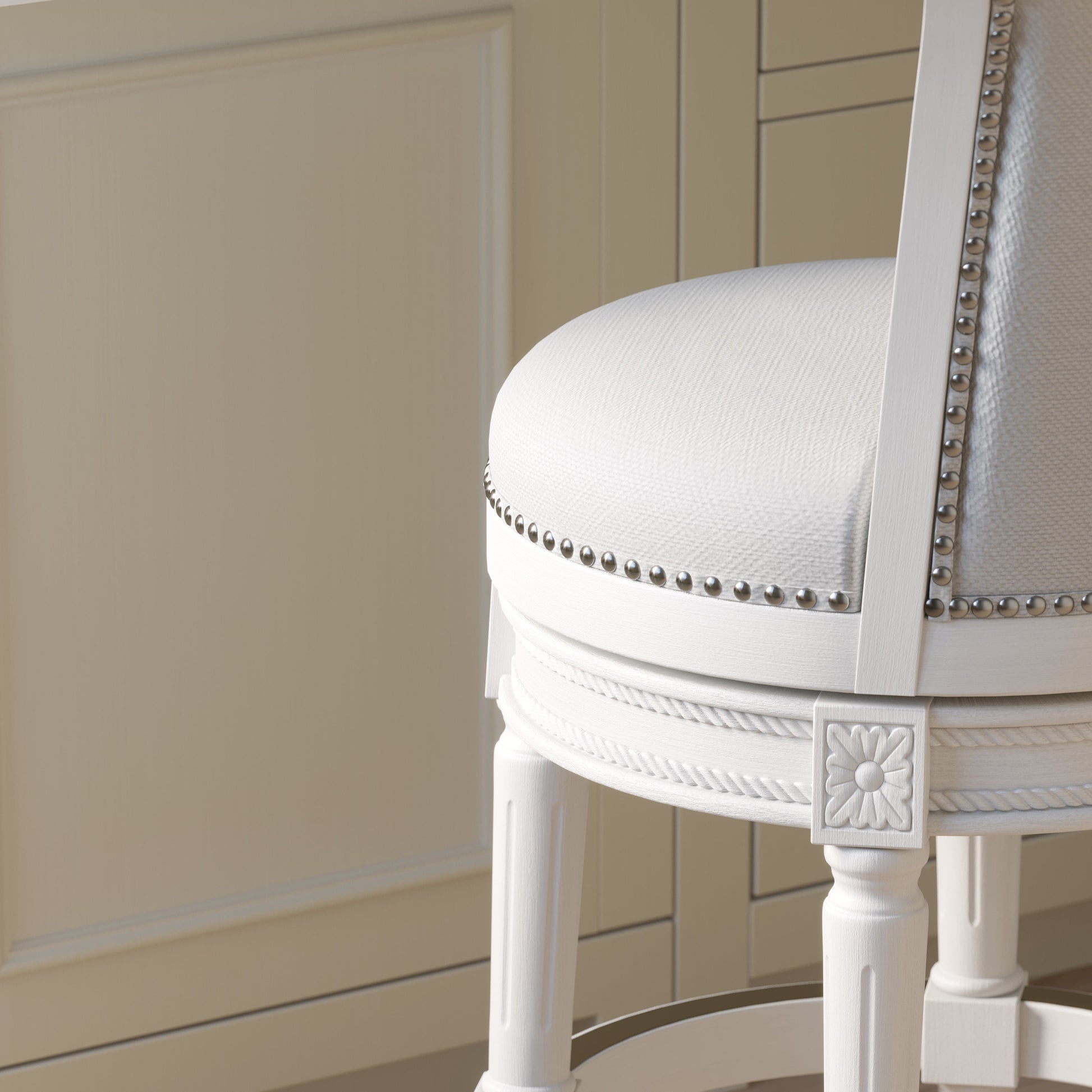 Charlotte Swivel Barstool in White with Grey Fabric showing plush seat and decorative nail-heads.