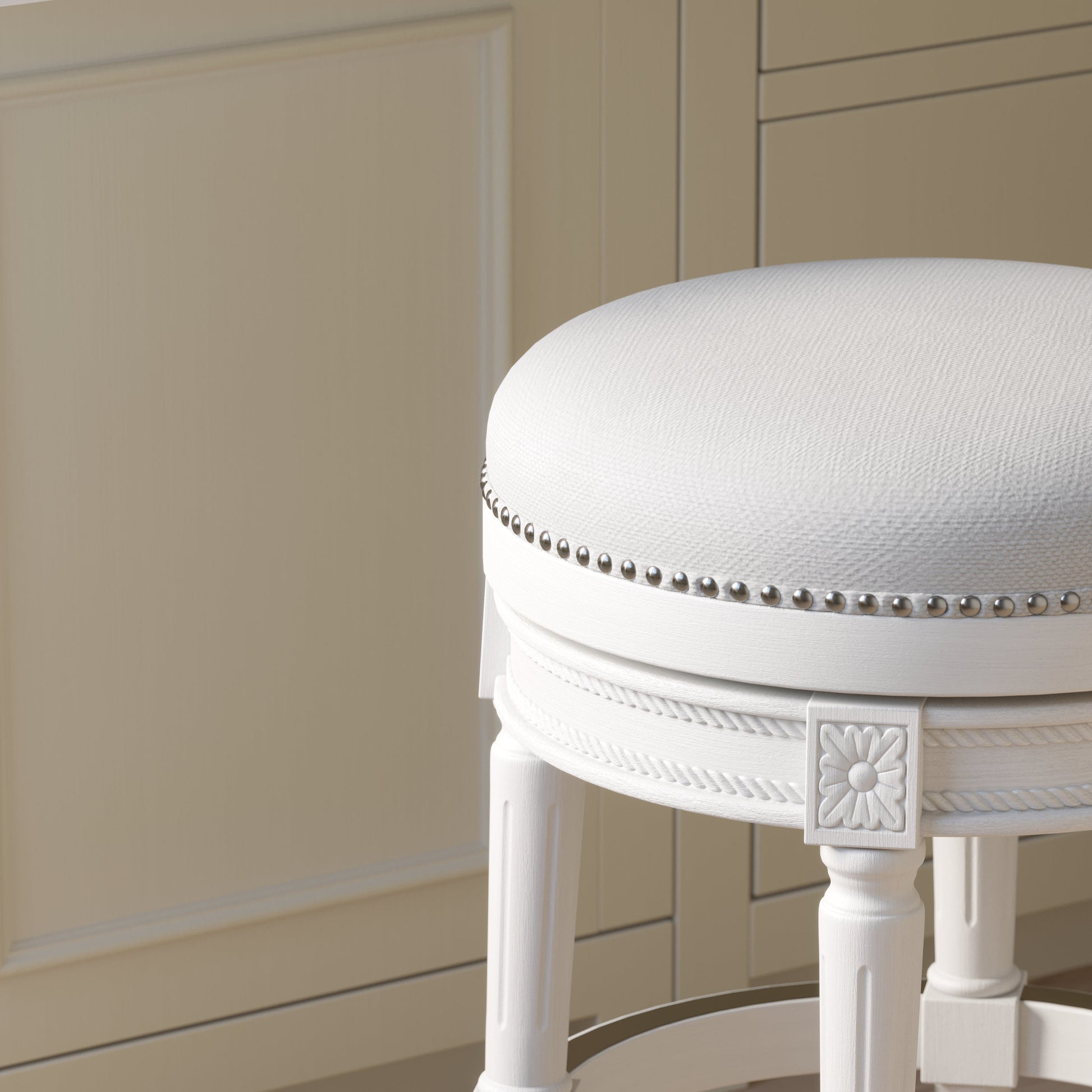 Backless Charlotte Barstool in White featuring plush seat and elegant design.