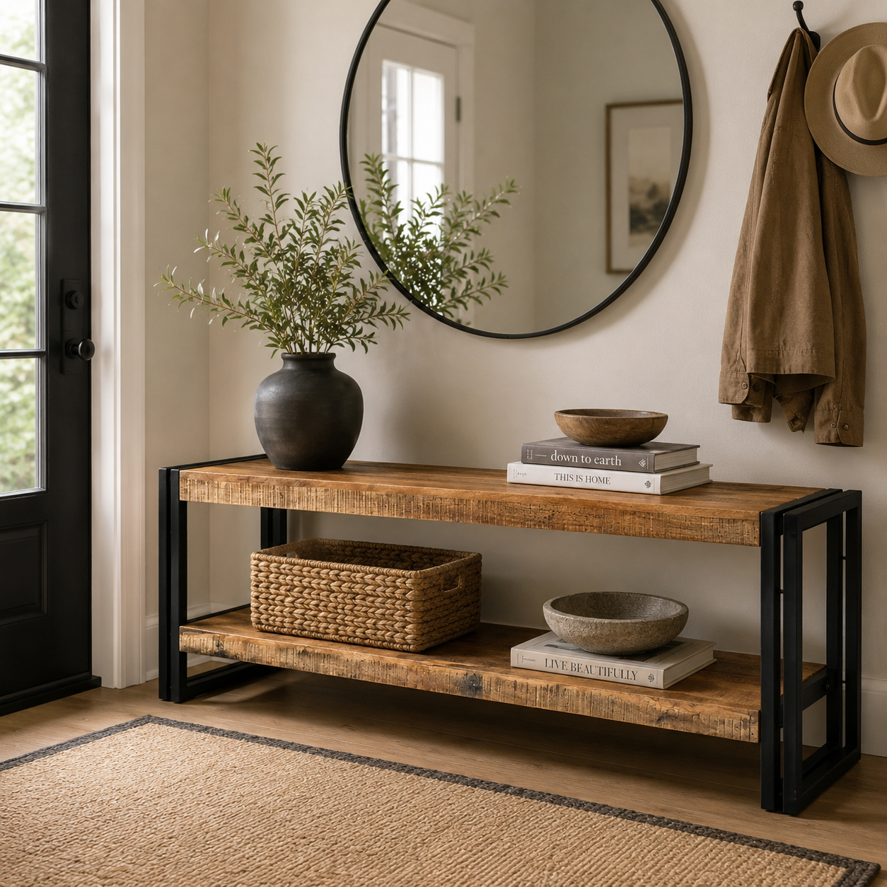 Timbergirl Handcrafted Reclaimed Wood and Metal Bench with Shelf