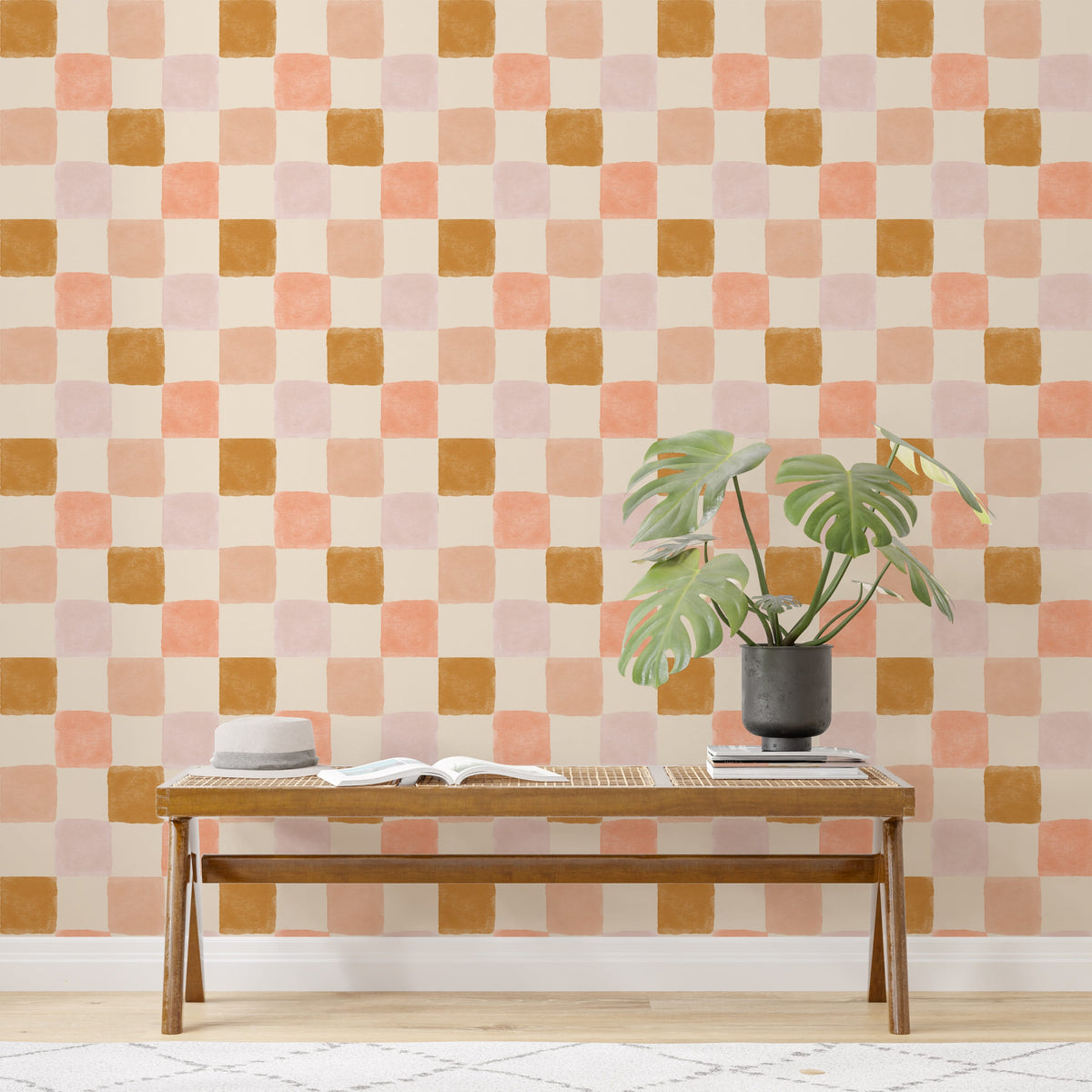 Artisan Checkered Wallpaper - Warm Terracotta and Mustard Tones