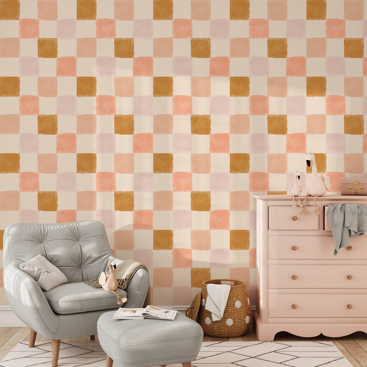 Artisan Checkered Wallpaper - Warm Terracotta and Mustard Tones
