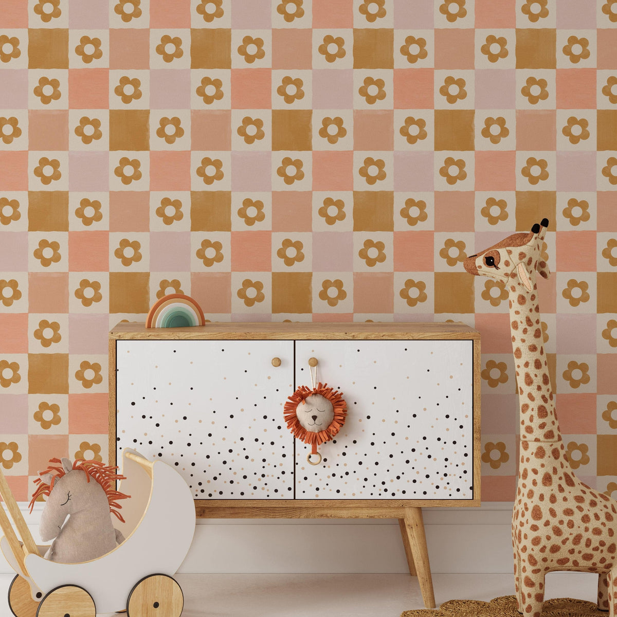 Retro Flower Checkered Wallpaper - Playful 60s Design in Warm Tones