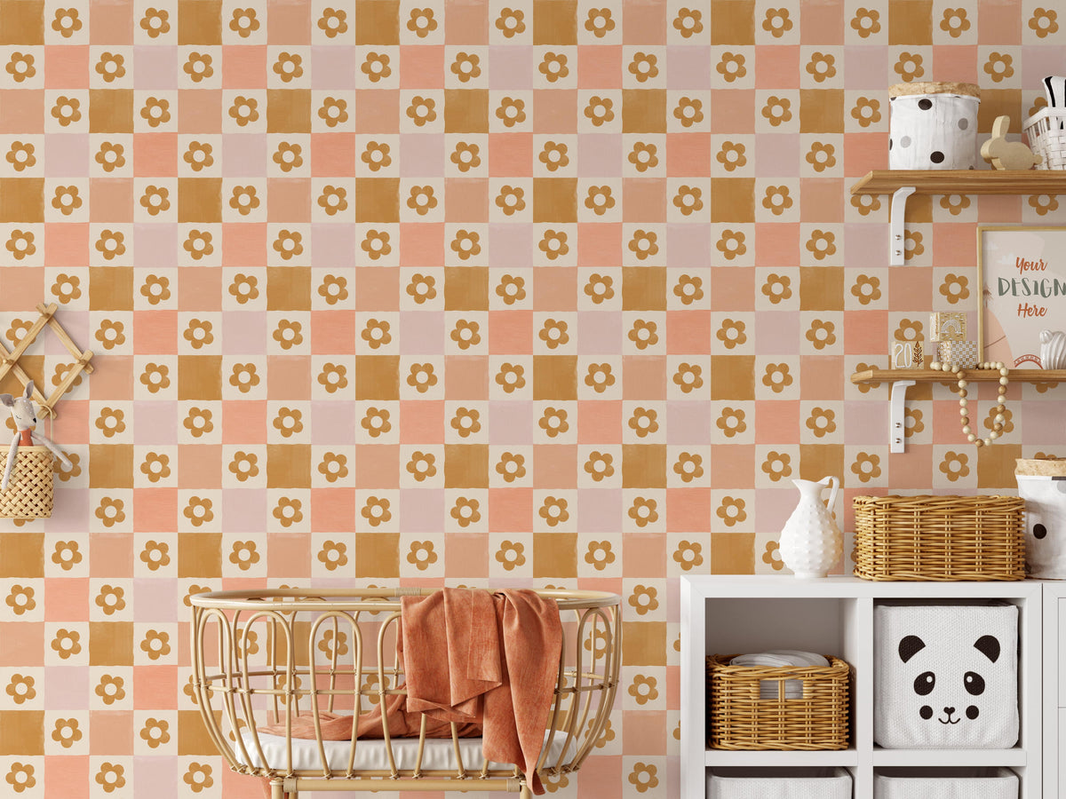 Retro Flower Checkered Wallpaper - Playful 60s Design in Warm Tones