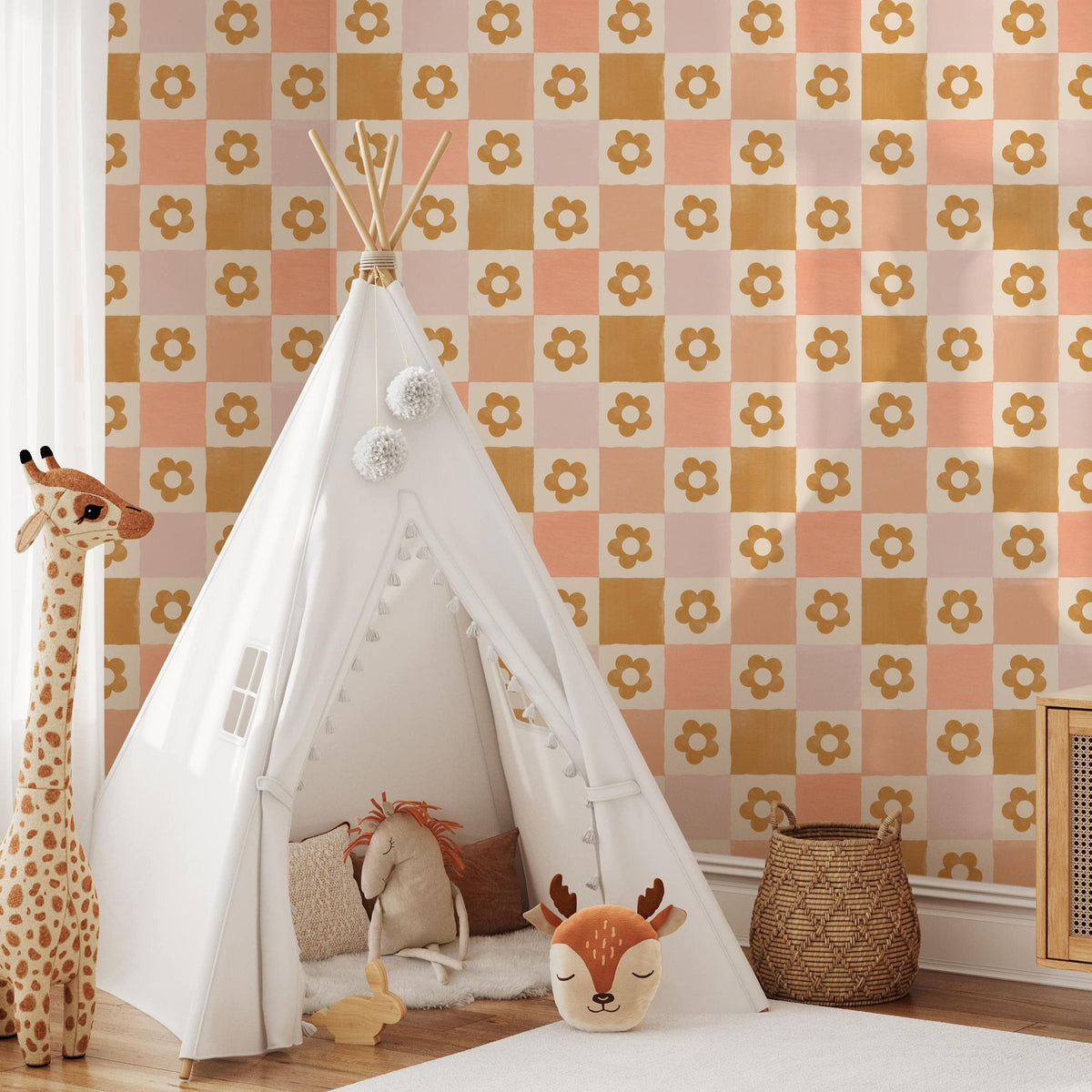 Retro Flower Checkered Wallpaper - Playful 60s Design in Warm Tones
