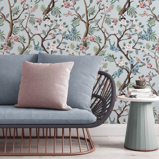 Blue Chinoiserie Birds Wallpaper