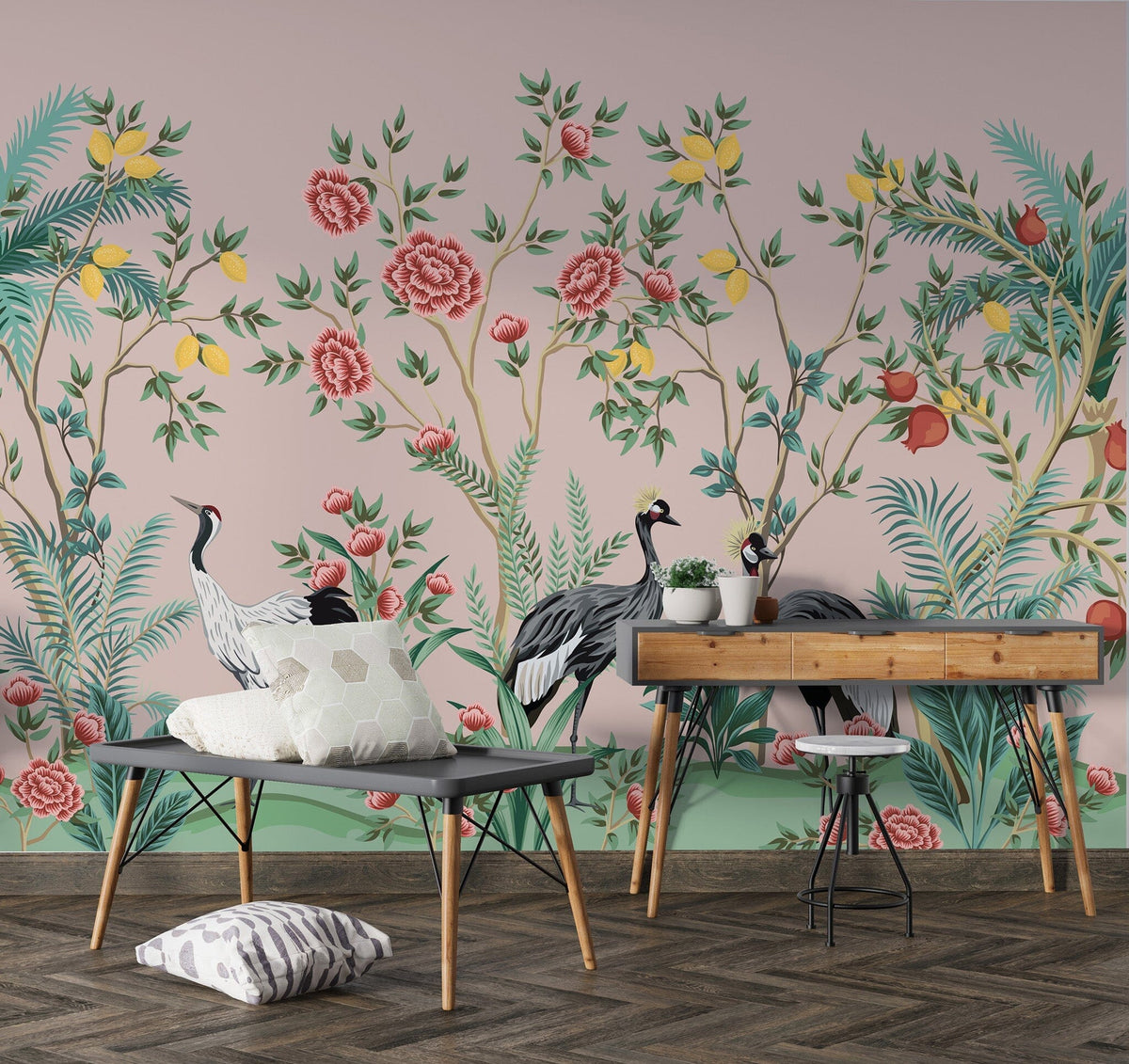 Pink Japanese Chinoiserie Removable Wallpaper Mural