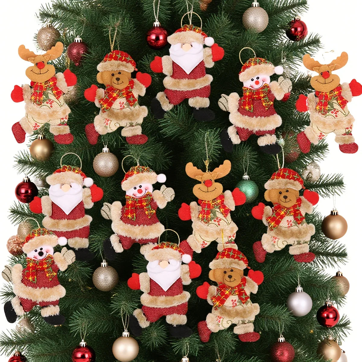 Christmas Tree Ornaments Set - 12pcs Figures with Red & Golden Accents