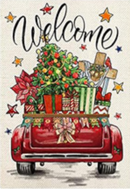 Welcome Garden Flags Truck Series of 12 - festive truck carrying Christmas tree and gifts.