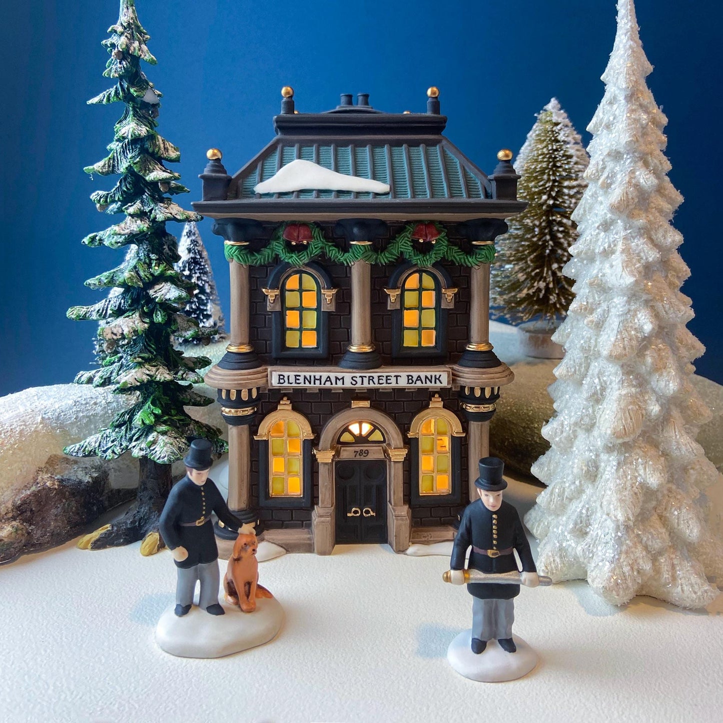Vintage Blenham Street Bank & 2 Policeman Figurines by Department 56. Illuminated Christmas Village House. Dickens Village. Holiday Display.