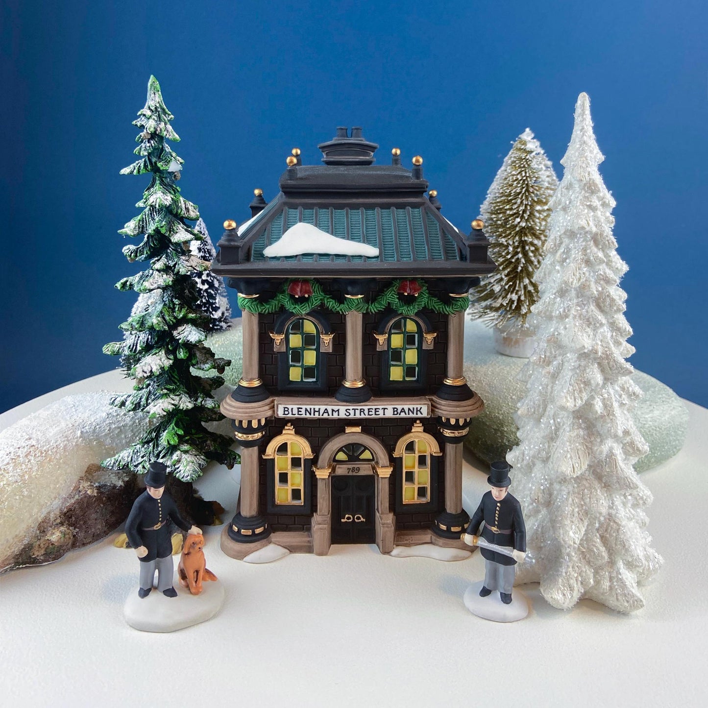 Vintage Blenham Street Bank & 2 Policeman Figurines by Department 56. Illuminated Christmas Village House. Dickens Village. Holiday Display.