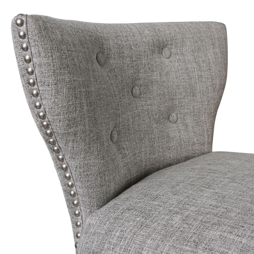Mebane Stool in White & Grey showing low back hand tufted linen seat with decorative nailhead trim.