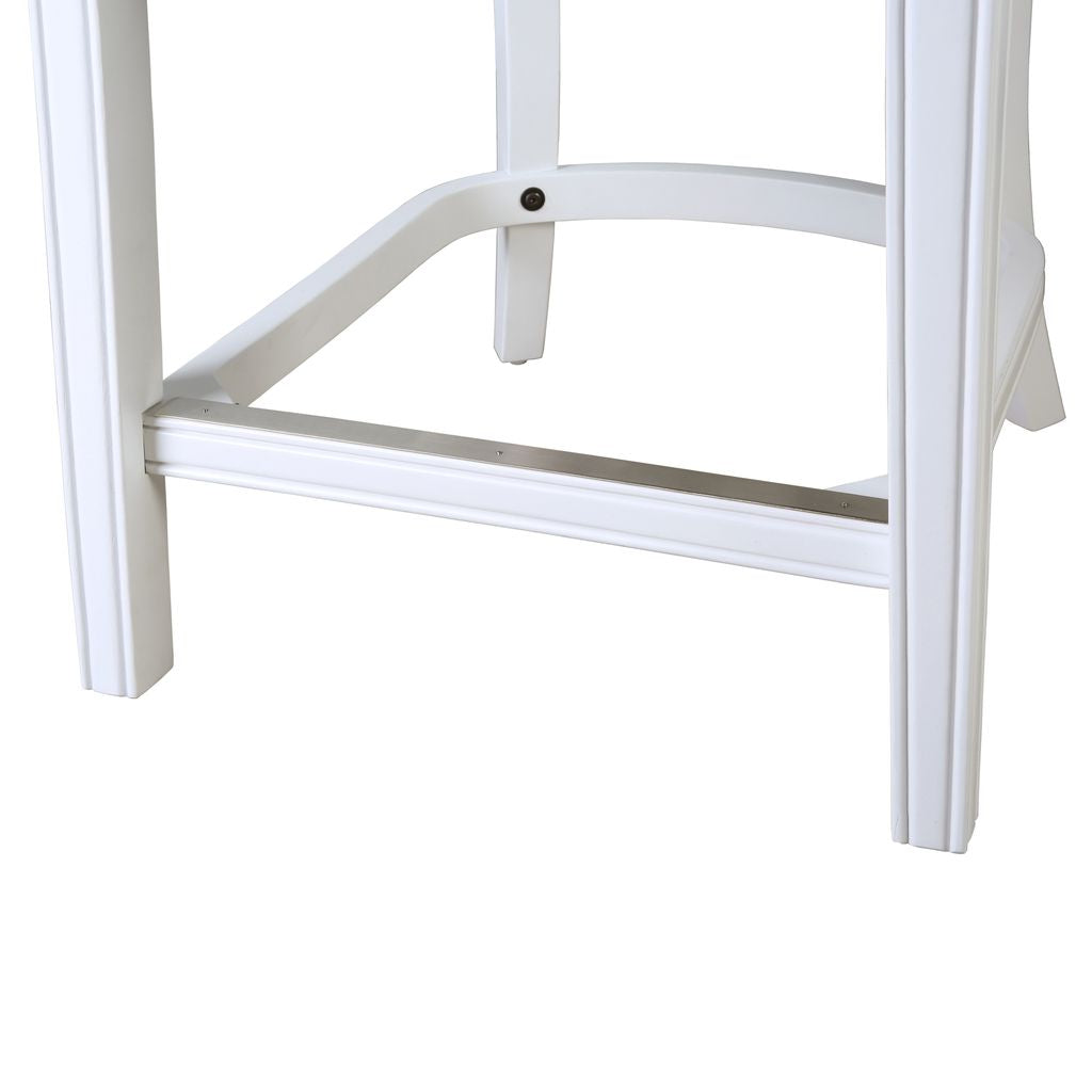 Close-up view of the Mebane Stool in White & Grey showing solid wood frame and metal footrest.