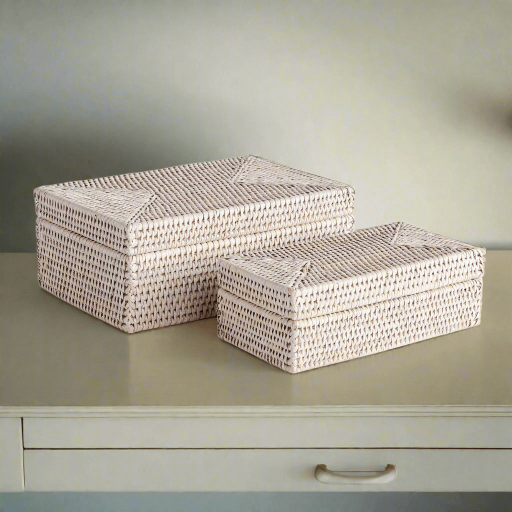 Coastal Style Rattan Letter Boxes with Lids (Set of 2)