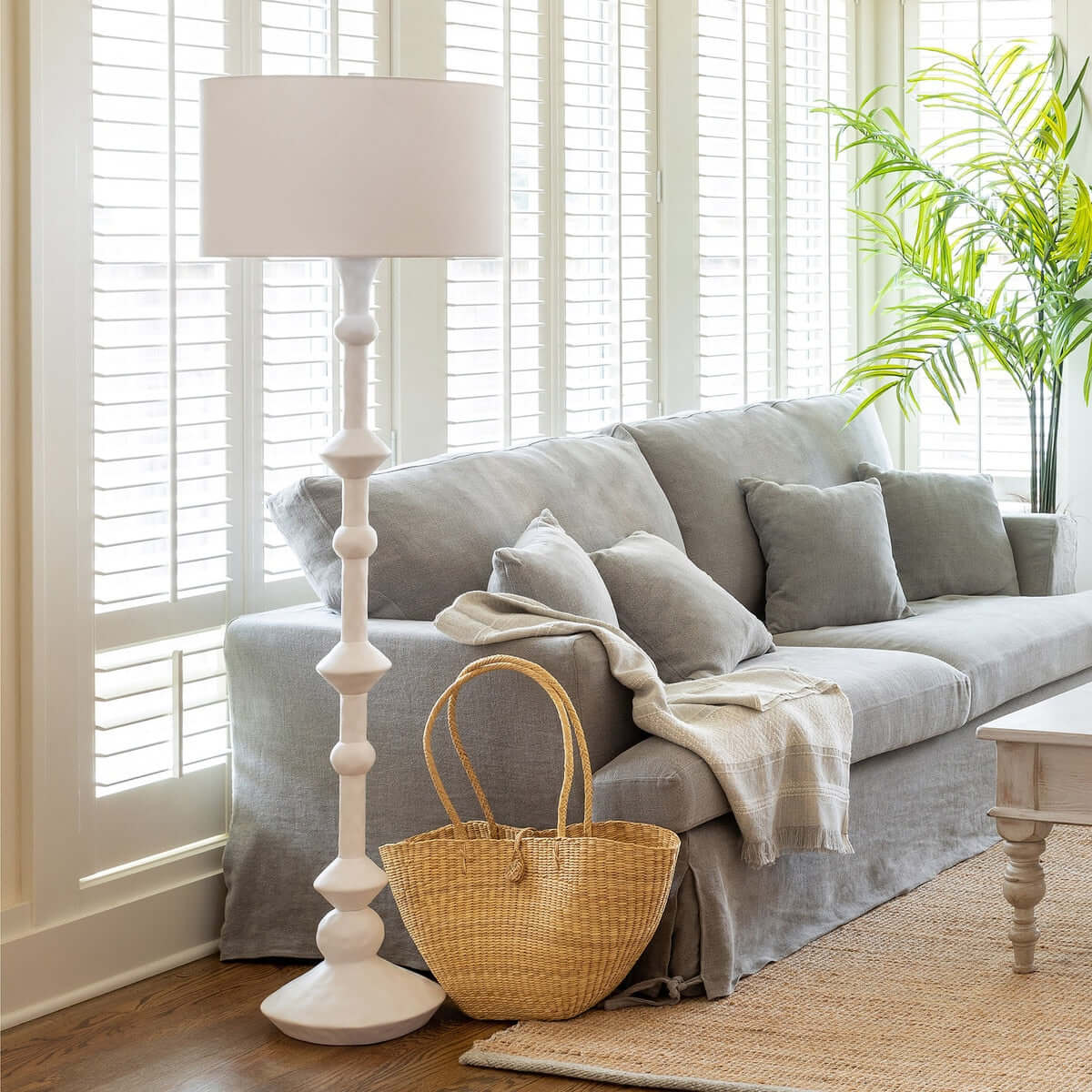 Coastal White Floor Lamp with Linen Shade