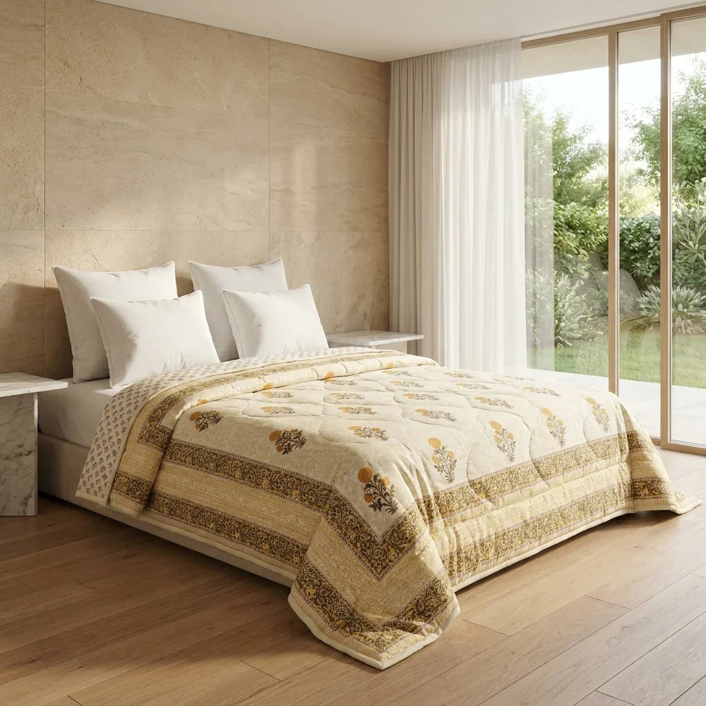 Orange Floral Jaipur Hand Block Print Quilted Comforter