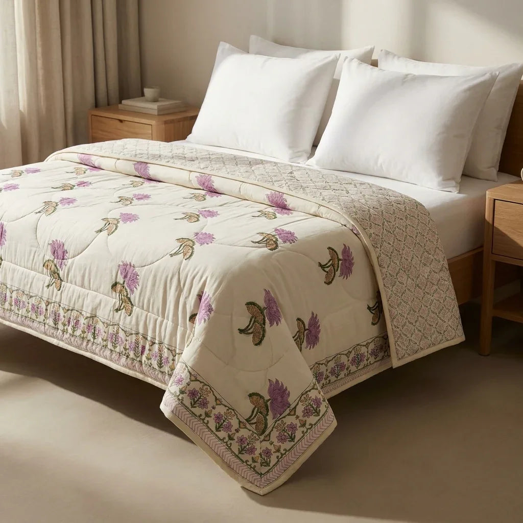 Cream & Mauve Floral Jaipur Hand Block Print Quilted Comforter