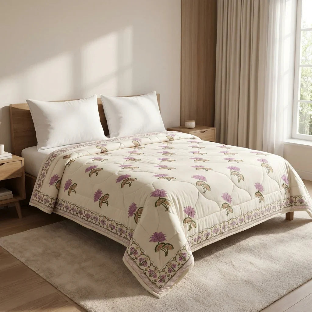 Cream & Mauve Floral Jaipur Hand Block Print Quilted Comforter