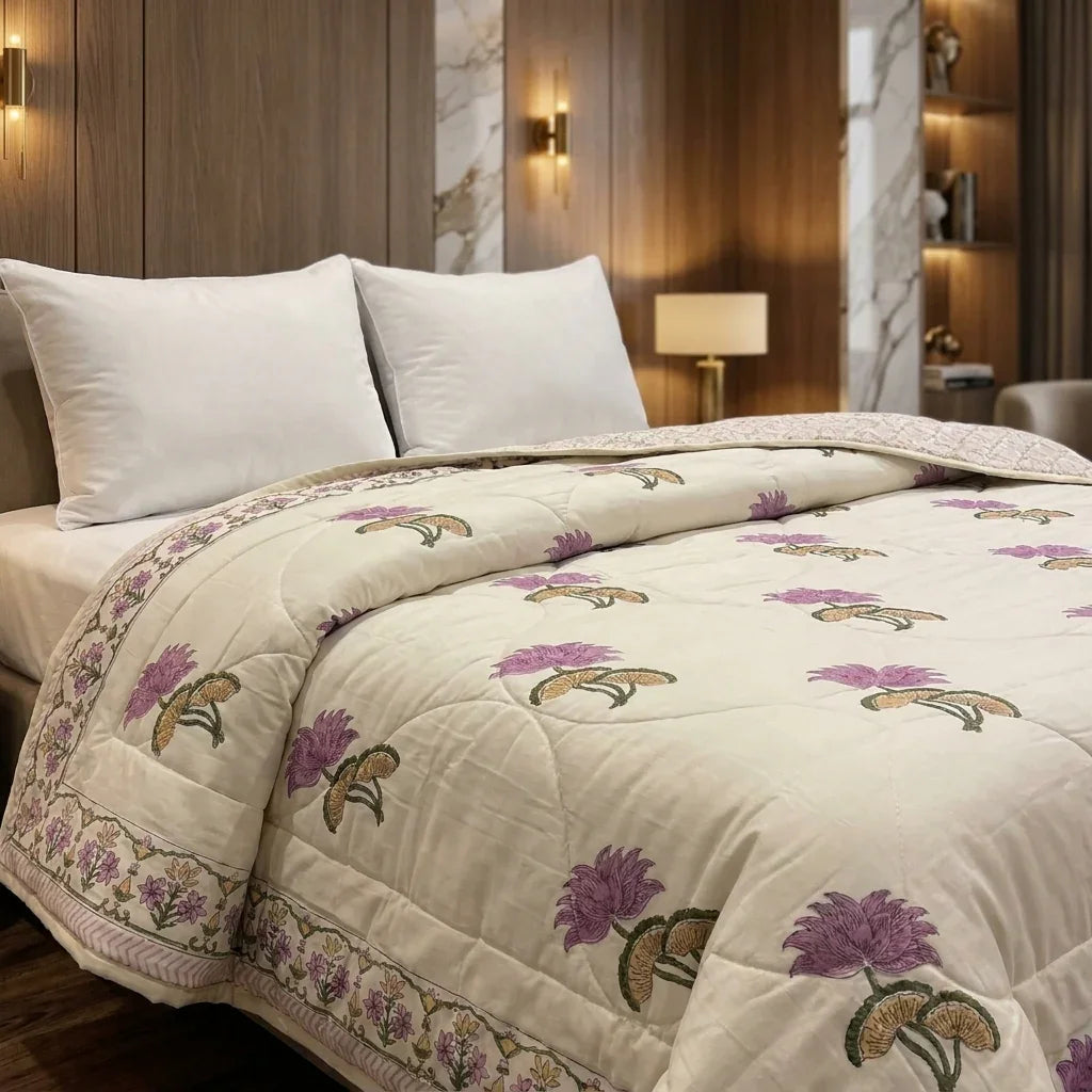 Cream & Mauve Floral Jaipur Hand Block Print Quilted Comforter