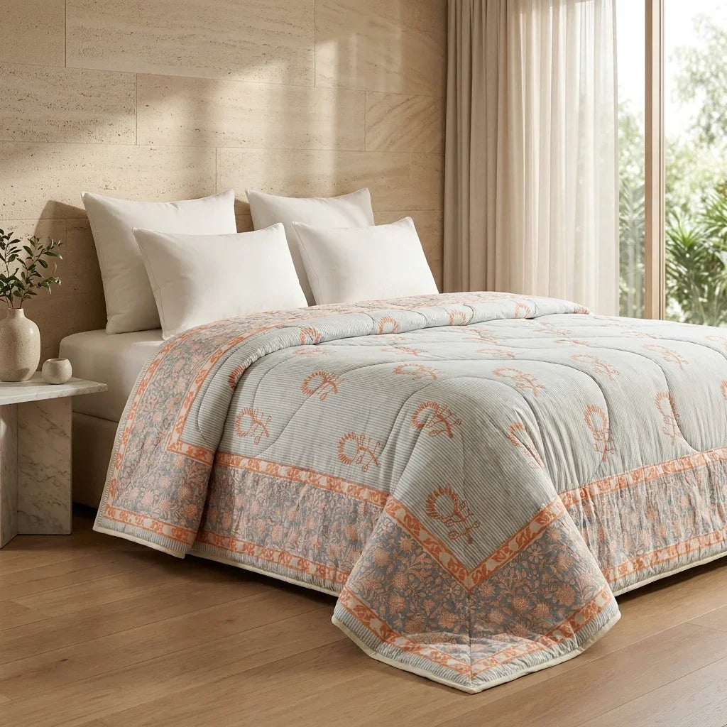 Blue Grey & Peach Floral Jaipur Indian Hand Block Print Quilted Comforter