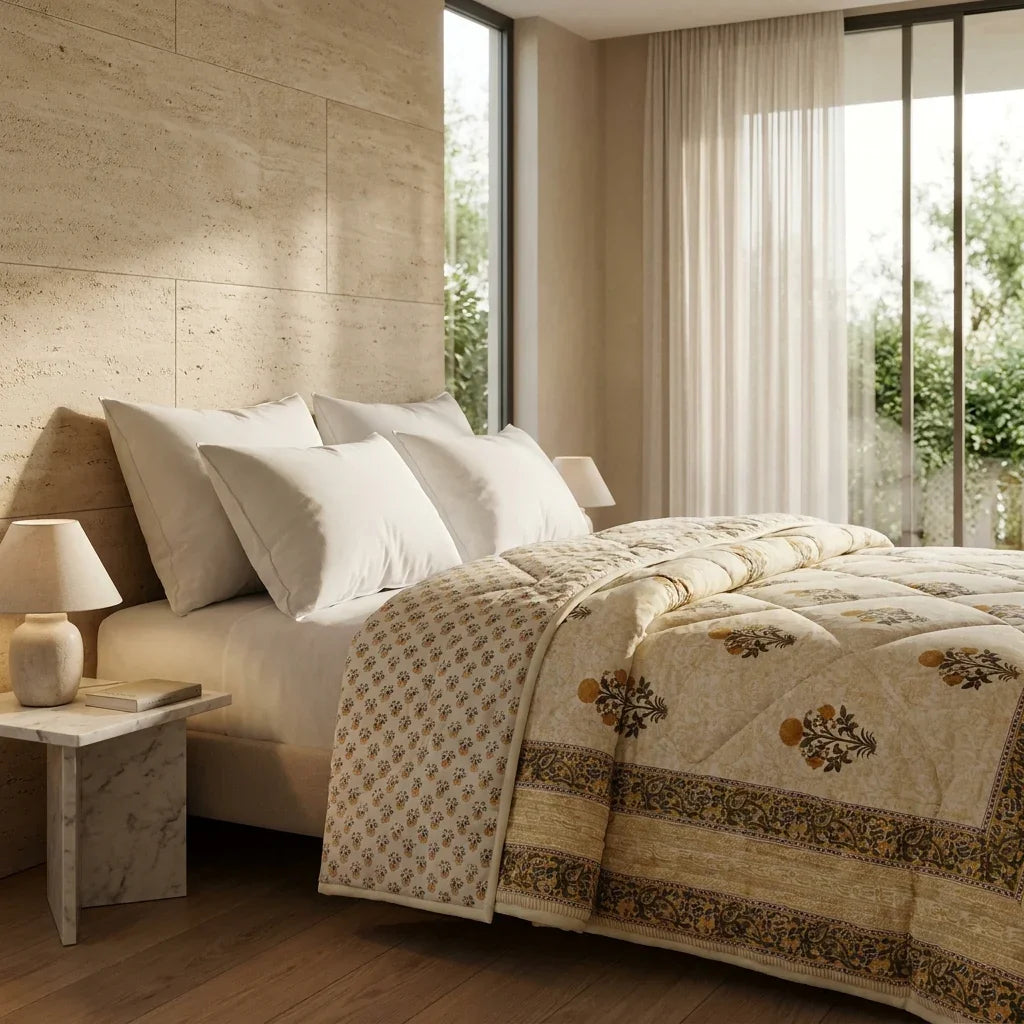 Orange Floral Jaipur Hand Block Print Quilted Comforter