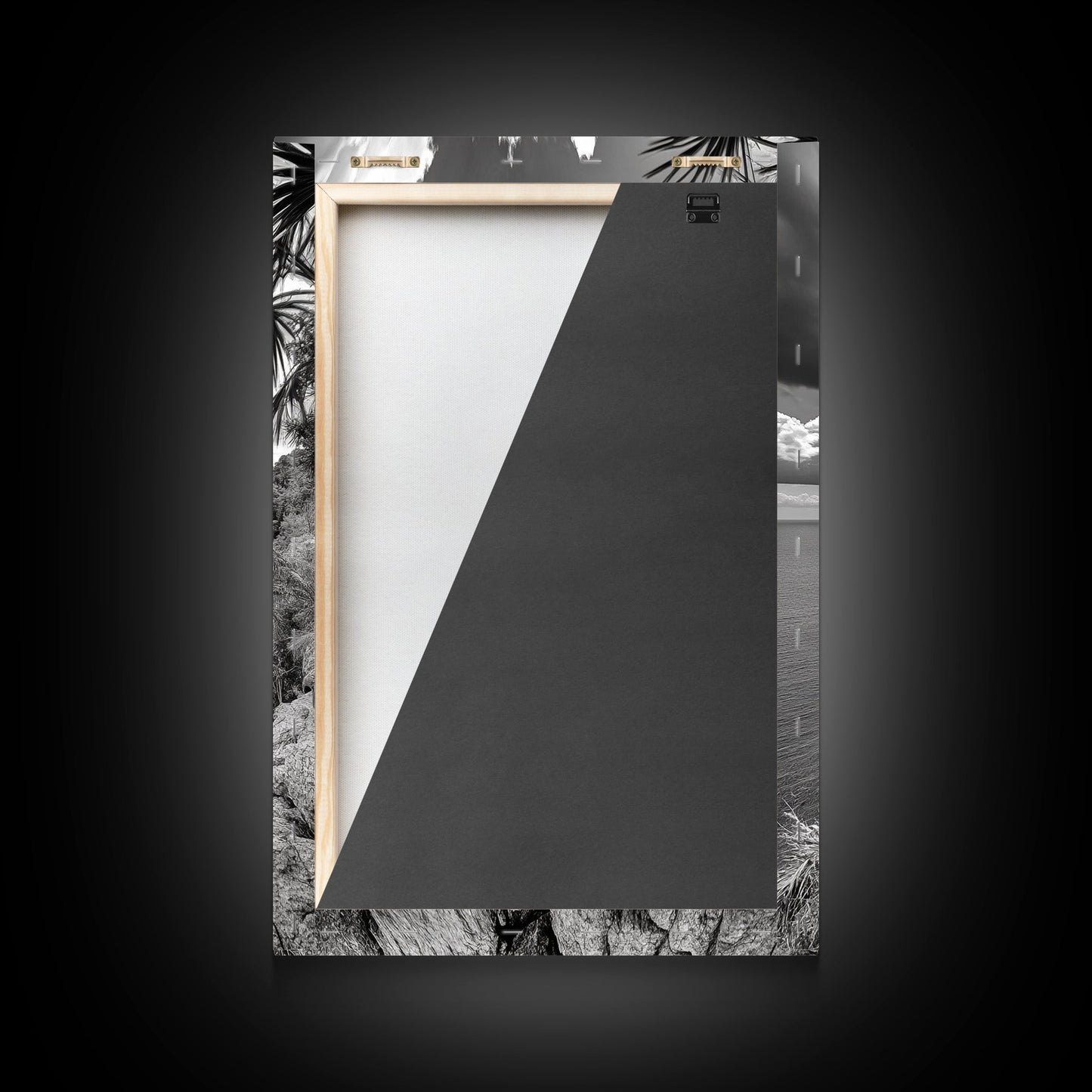 Island View Cliffs, Tropical Shoreline, Black and White Seascape, Framed Canvas Print, Bathroom Art, Travel Decor, Coastal Vibe