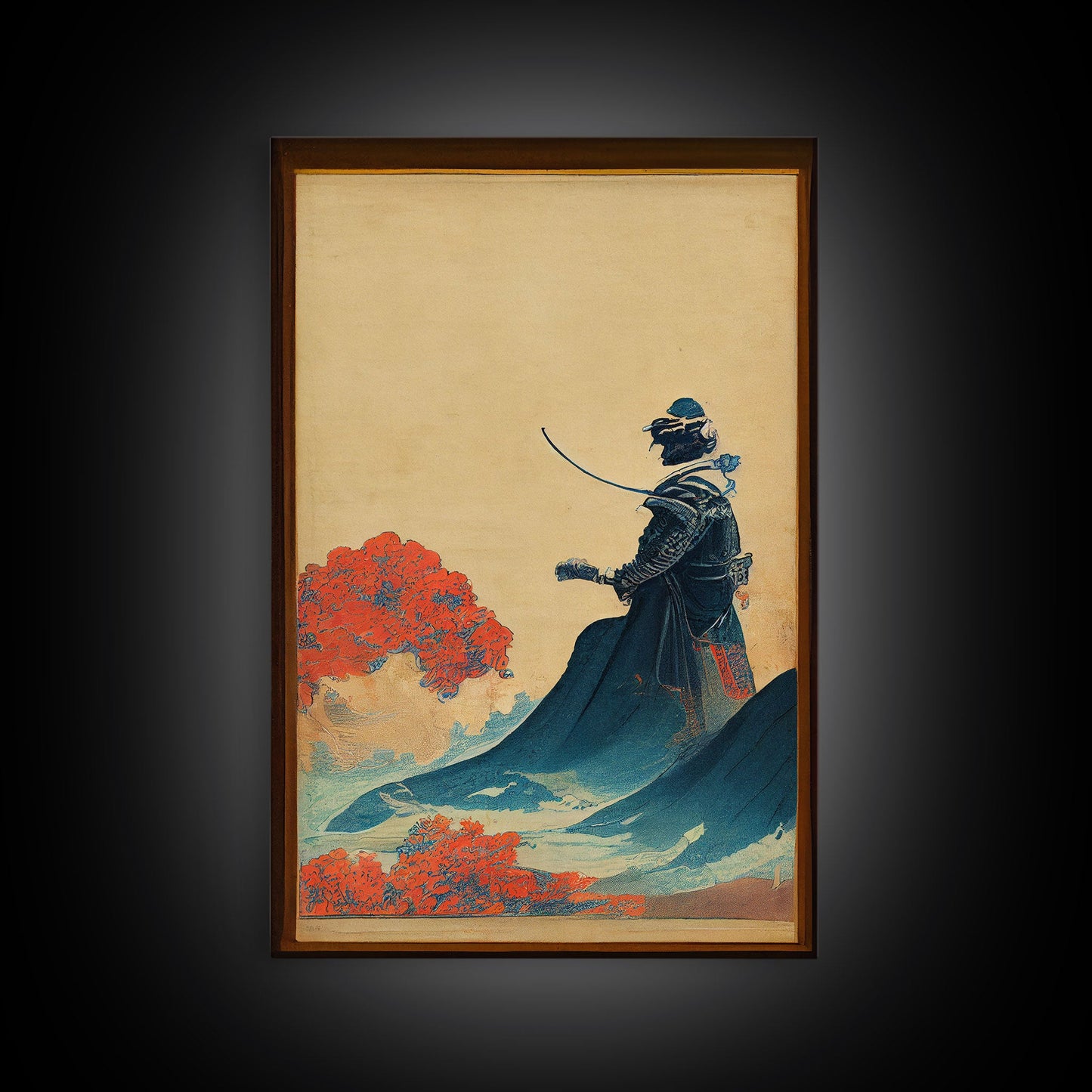 Red And Blue Japanese Samurai Warrior Wall Poster, Fine Art Print