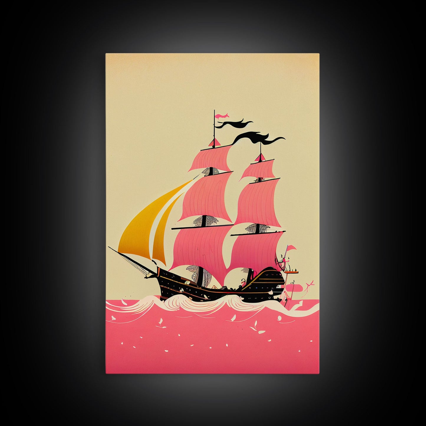 Vaporwave sail boat art, pink pirate ship, framed wall art, framed canvas print