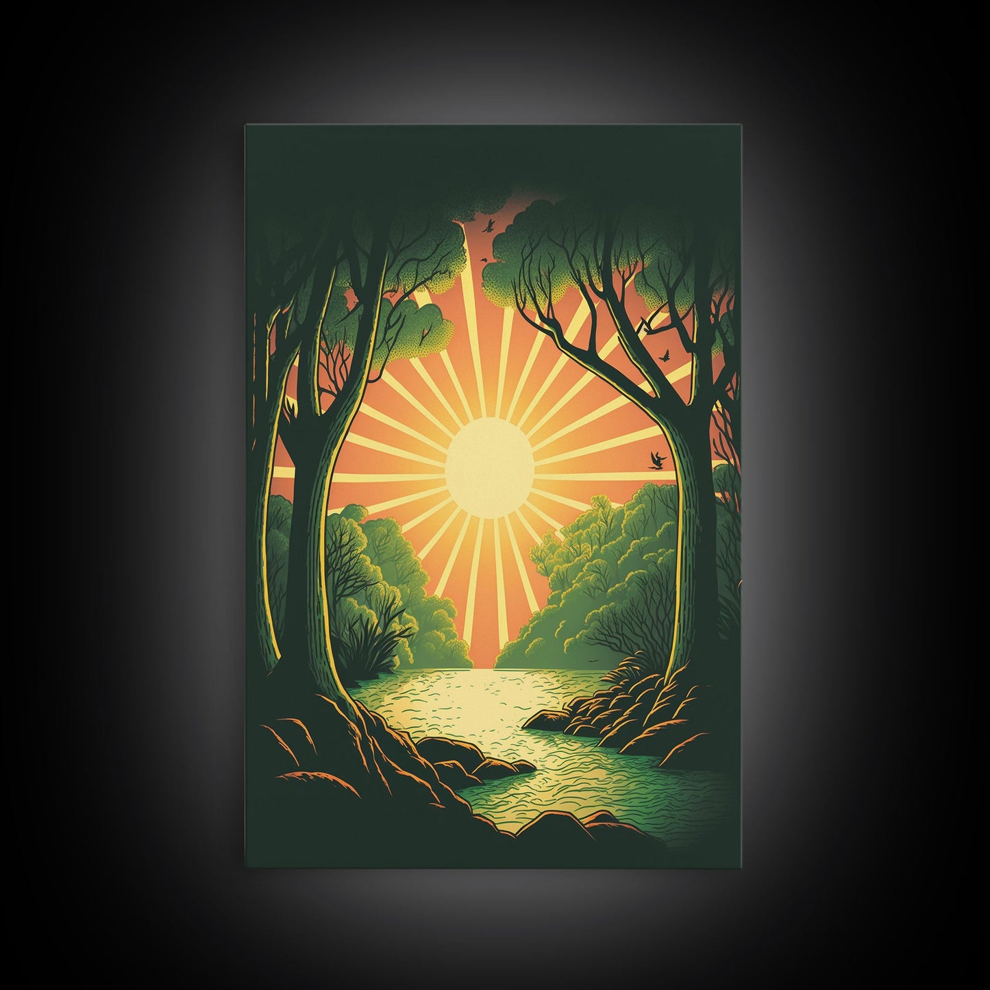 Retro Style Sunset Art, Art Deco Style Landscape Decor, Framed Canvas Print, Sunrise Golden Hour Art