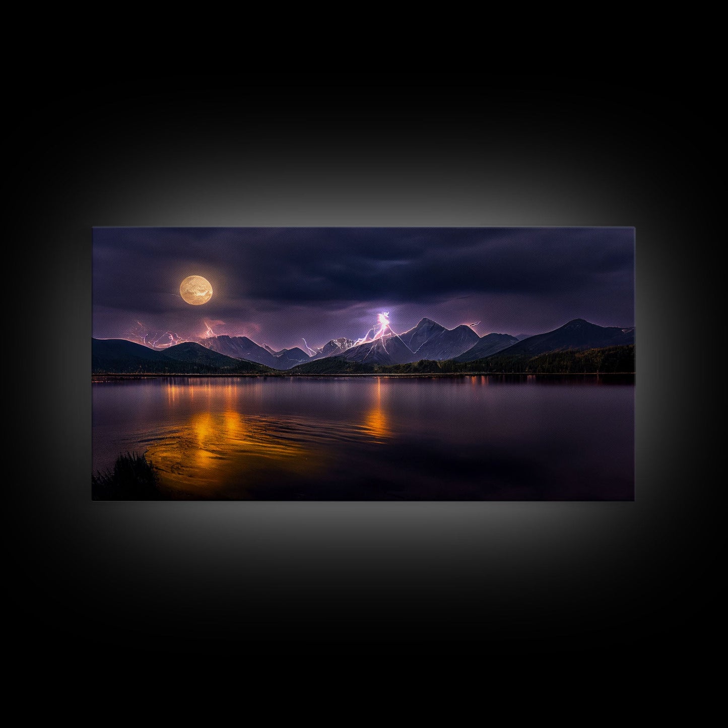 Full moon canvas print, Lightning storm over a mountain lake at night, cool wall art, awesome wall art