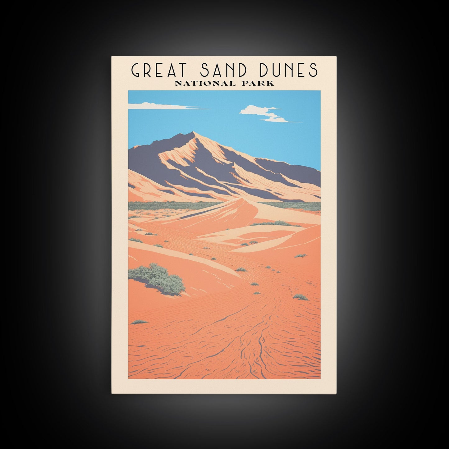 Great Sand Dunes National Park Travel Poster Art, Canvas Print Wall Art, Colorado Travel Art, Midcentury Modern Travel Decor, MCM Wall Art