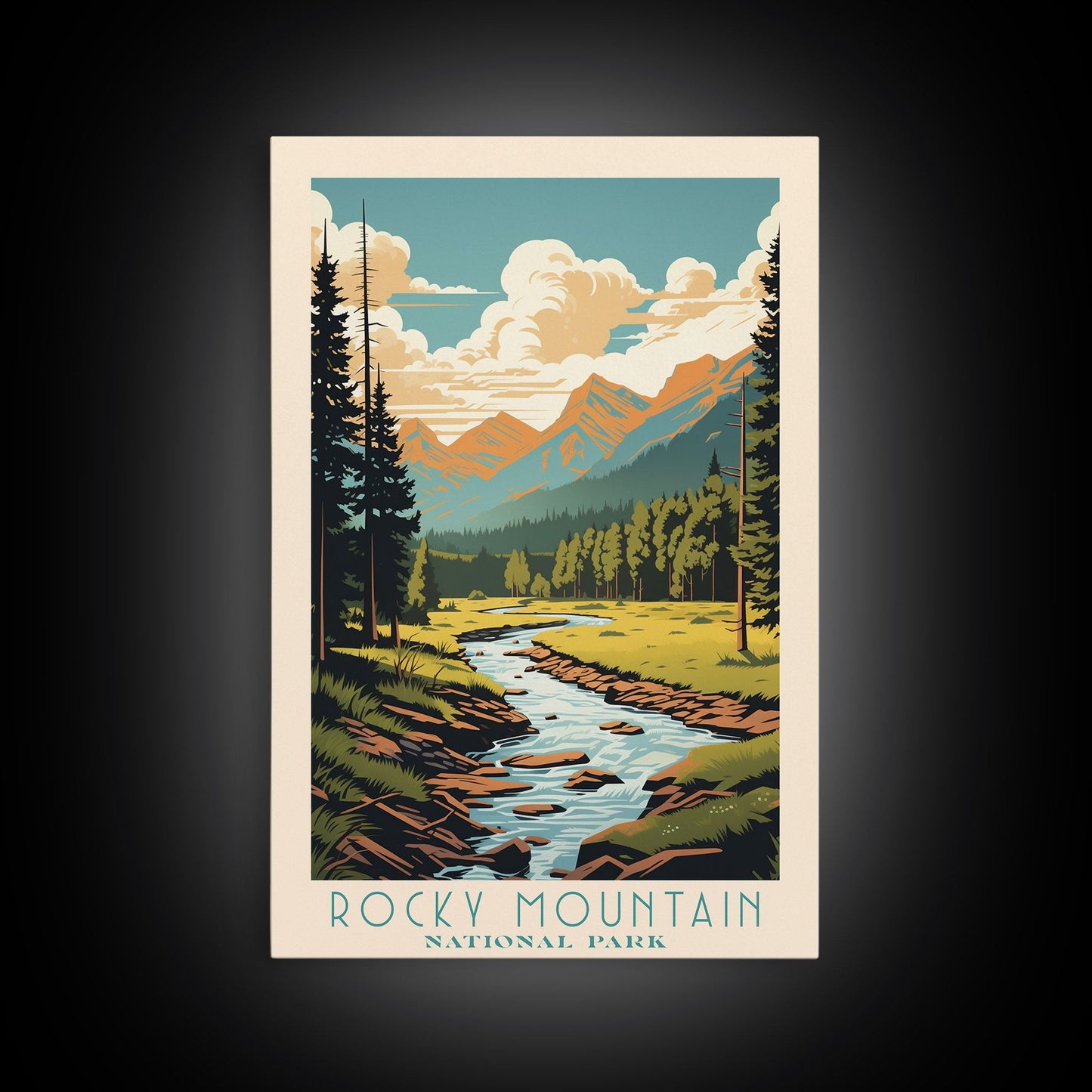 Rocky Mountains National Park Colorado Travel Art, National Park Print, Minimalist Travel Art, Midcentury Modern Style Landscape Painting