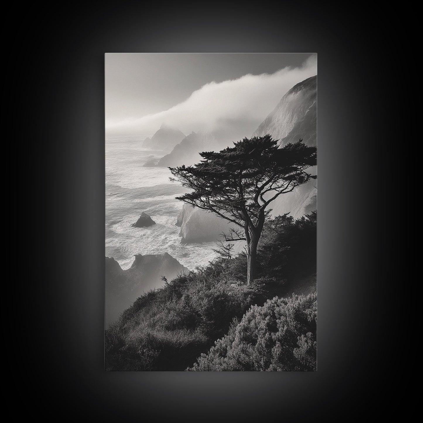 Tree On Cliffs, Foggy Coastline, Monochrome Coastal View, Moody Nature Scene, Framed Canvas Print, Bedroom Wall Art, Earthy Minimalist Decor
