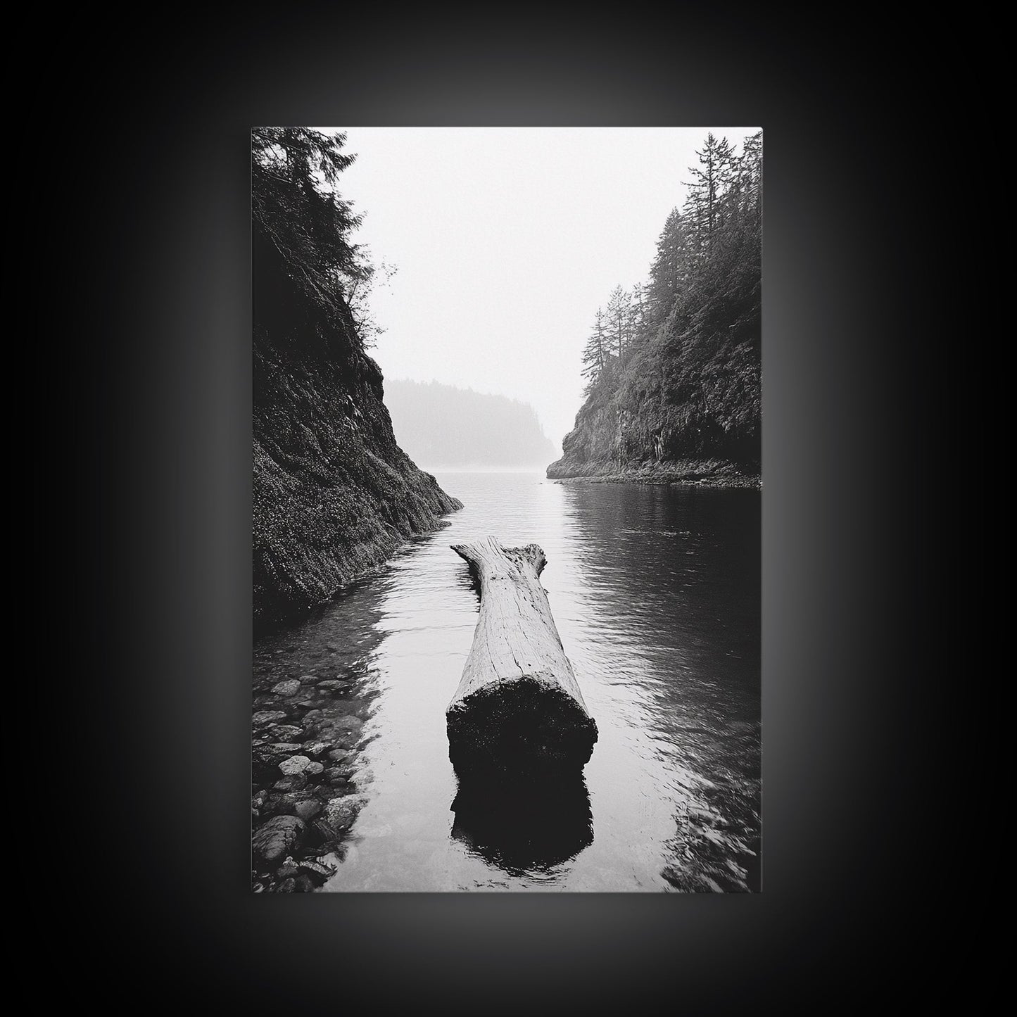 Driftwood Log, River Pass, Nature Silence, Misty Gorge, Framed Canvas Print, Office Wall Art, Modern Nature Decor, Moody Forest Style