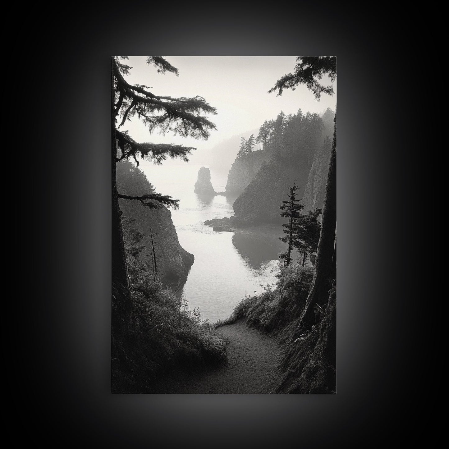 Forest Cliffs, Ocean Pathway, Misty Coast, Woodland Escape, Framed Canvas Print, Cabin Wall Art, Nature Trail Aesthetic, Autumn Mood Art