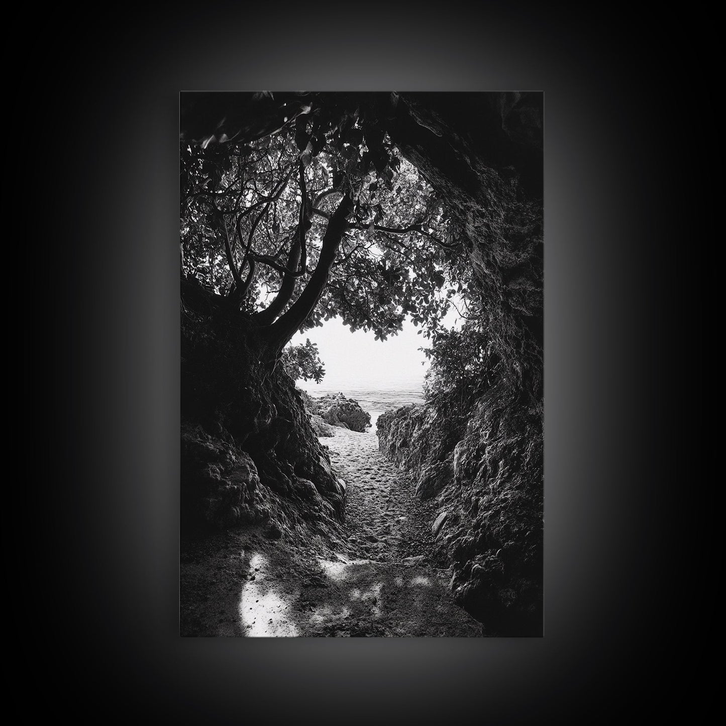 Hidden Beach, Cave Entrance, Secret Shoreline, Natural Light, Canvas Print, Bathroom Wall Decor, Travel Inspired Art, Black And White