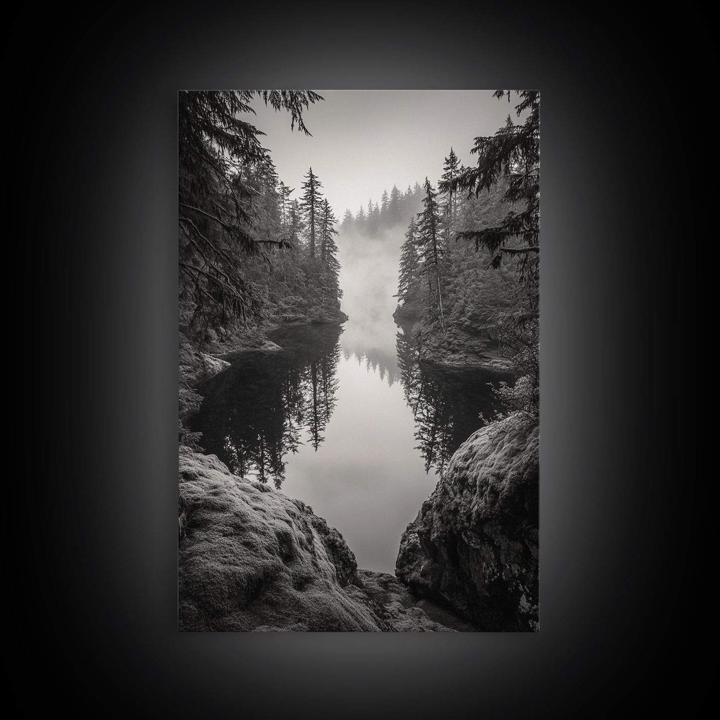 Misty Forest, River Reflection, Foggy Pines, Mountain Silence, Framed Canvas Print, Bedroom Wall Art, Tranquil Nature Photography, Zen Decor