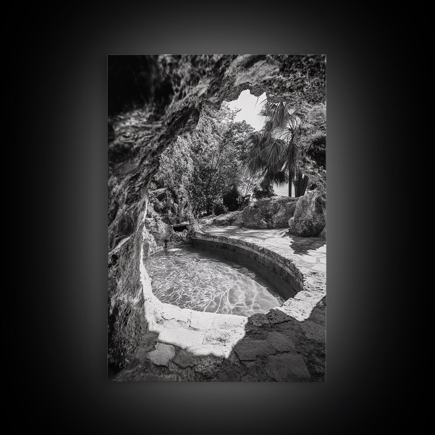 Hidden Pool Grotto, Tropical Oasis, Black and White Photo, Canvas Print, Spa Bathroom Art, Zen Vibes, Modern Nature Wall Decor