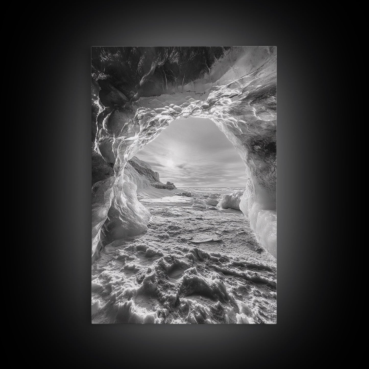 Ice Cave Opening, Winter Wonderland, Arctic Light, Framed Canvas Print, Bedroom Wall Art, Nordic Landscape, Minimalist Winter Art