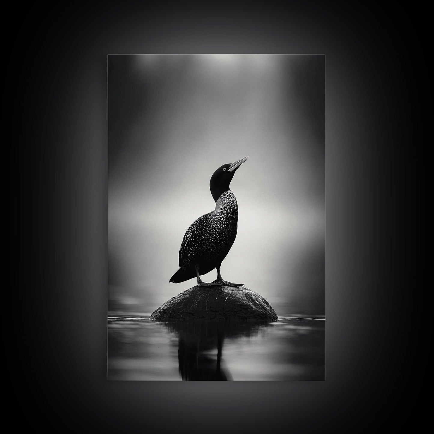 Loon on Rock, Morning Mist, Water Bird Focus, Canvas Print, Minimalist Animal Art, Office Decor, Tranquil Lake Scene Wall Art