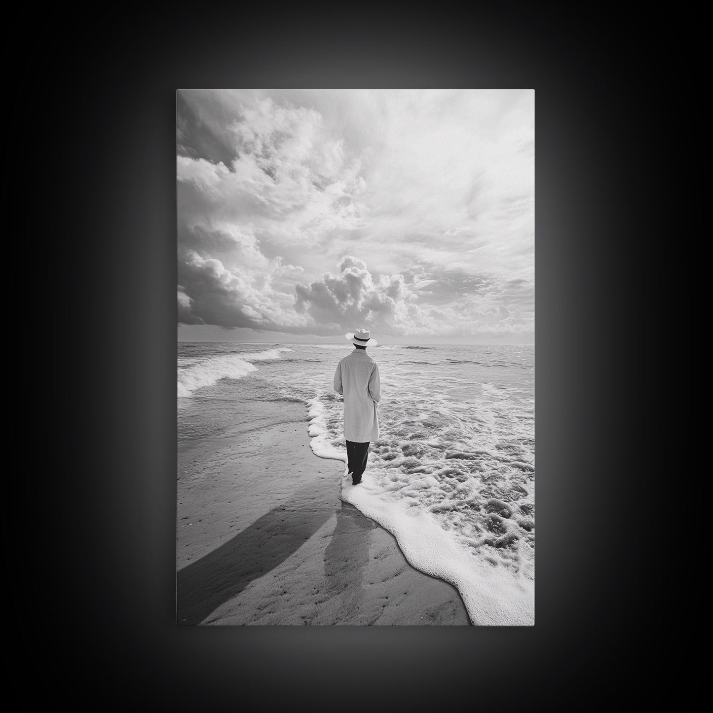 Man On Shore, Thoughtful Walk, Ocean Wanderer, Framed Canvas Print, Minimalist Fall Art, Bedroom Decor, Moody Coastal Scene