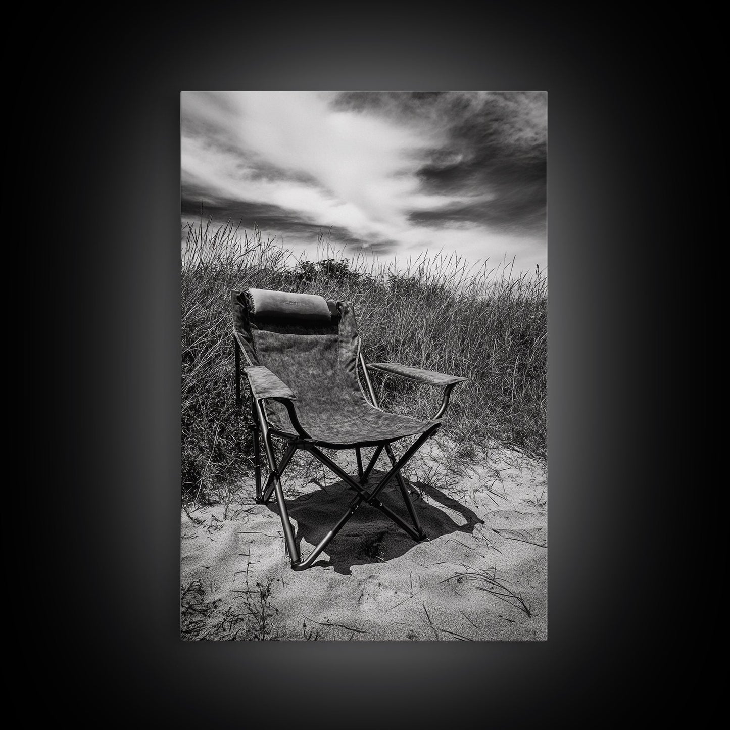 Deserted beach chair, quiet coast vibes, windswept scene, peaceful solitude, Canvas Print, hallway decor, rustic retreat outdoor artwork