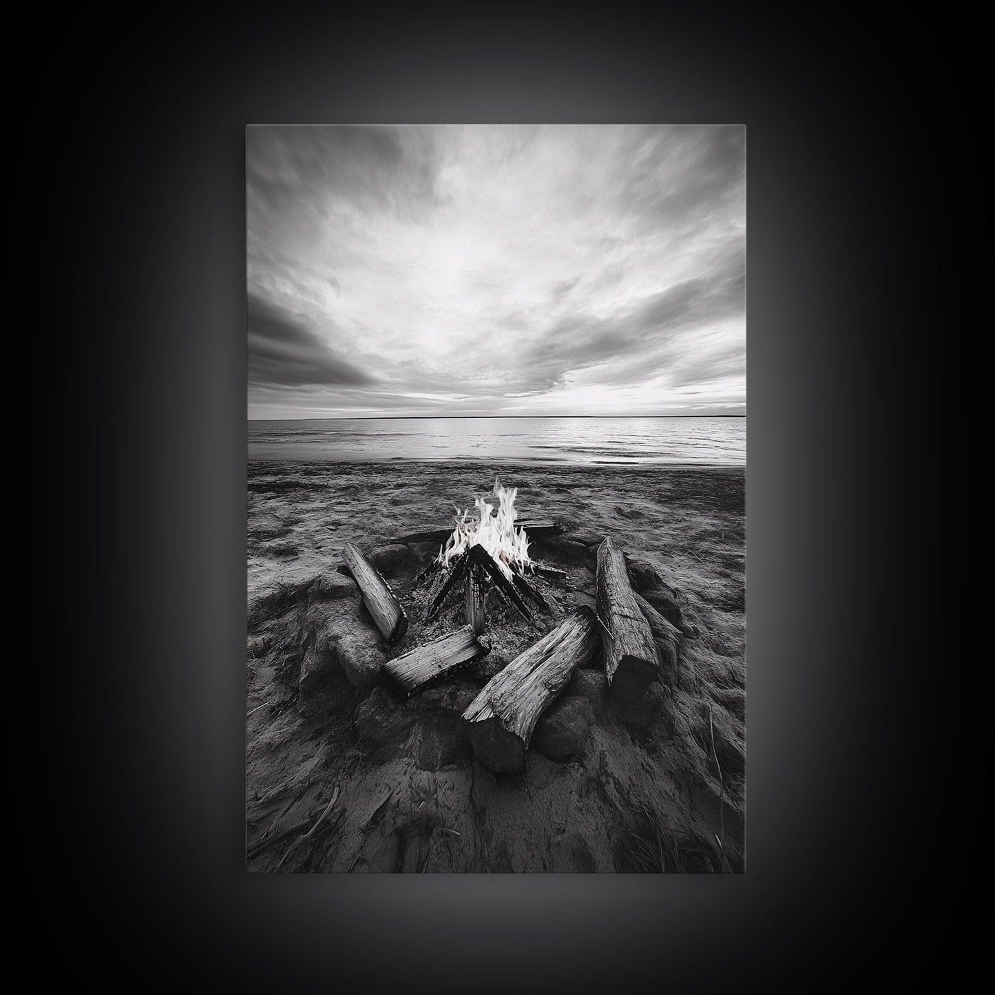 Coastal campfire glow, serene seaside bonfire, sunset flames, sandy warmth, Framed Canvas Print, Fall decor, cozy cabin wall art