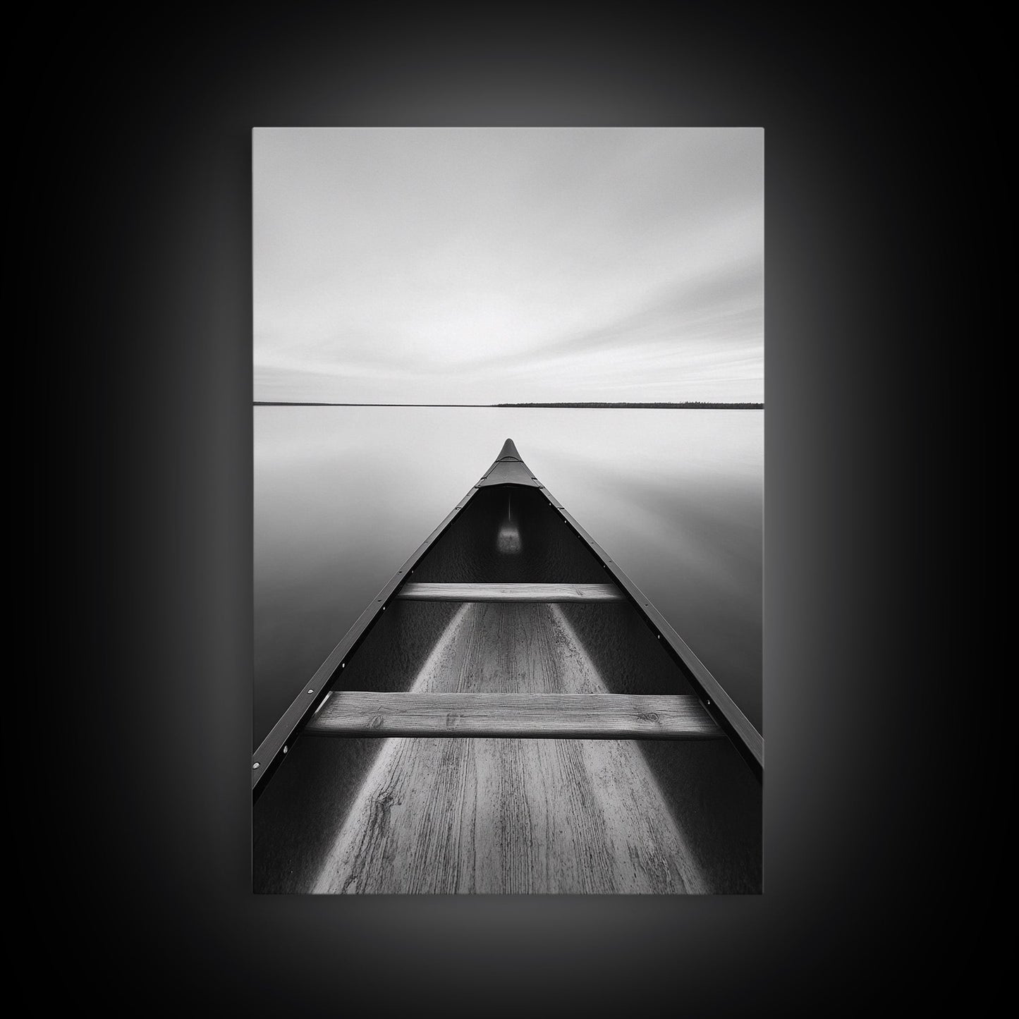 Canoe, Lake, Calm, Horizon - Minimalist lake paddle scene, Framed Canvas Print, peaceful home office art, Scandinavian decor, wilderness print