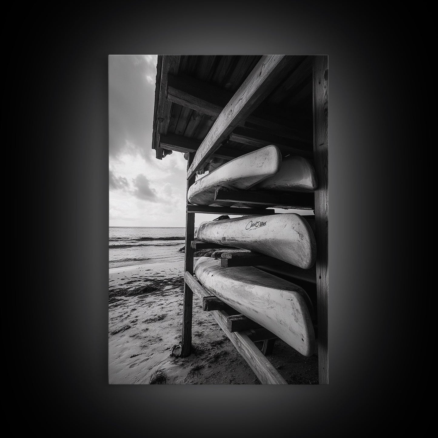 Canoes, Rack, Ocean, Shelter - Surf shack vibes with coastal canoe stack, Framed Canvas Print, great beach house or boho hallway art, grayscale